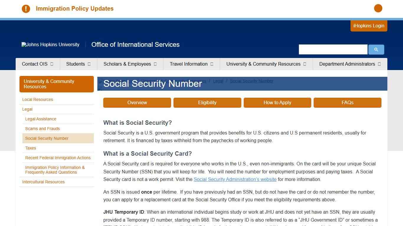 Social Security Number - Johns Hopkins Office of International Services